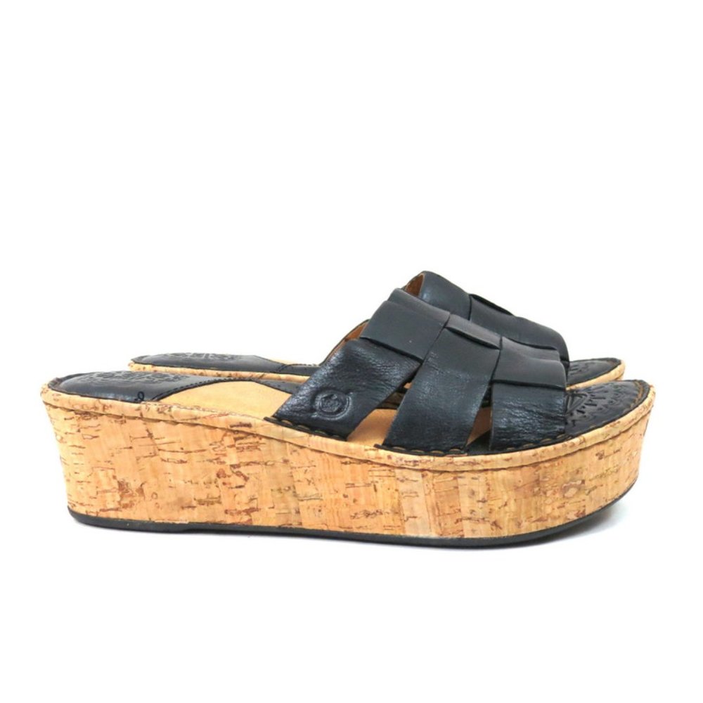 Black Leather Cork Platform Slide Sandals Women 9